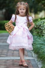 Baby Pink A-line Scoop Flower Girl Dress Taffeta and Lace Bow Tea-length