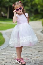 Pink Ball Gown Scoop Tea-length Taffeta and Organza Appliques Flower Girl Dress