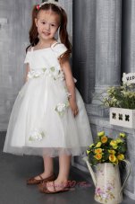 White A-line / Princess Square Tea-length Tulle Hand Made Flowers Flower Girl Dress