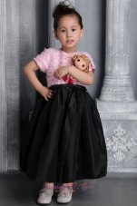 Pink and Black Column / Sheath Scoop Tea-length Taffeta Ruffes Flower Girl Dress
