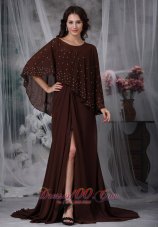 2013 Brown Empire Sweetheart Brush Train Chiffon Ruch Mother Of The Bride Dress