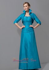 2013 Customize Teal Column Mother Of The Bride Dress Strapless Ruch Floor-length Taffeta