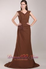 New Brown Column V-neck Brush Train Chiffon Beading Mother of the Bride Dress