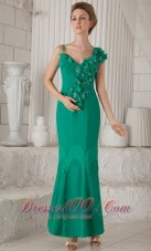 New Turquoise Column / Sheath Asymmetrical Ankle-length Chiffon Hand Made Flowers Mother of the Bride Dress