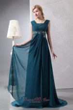 New Modest Peacock Green Empire Prom Dress Straps Court Train Chiffon Beading