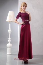 New Burgundy Column Off The Shoulder Ankle-length Taffeta and Lace Beading Prom Dress