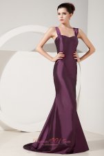 New Elegant Dark Purple Trumpet Bridesmaid Dress Straps Brush Train Satin