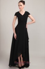 New Black Column / Sheath V-neck Short Sleeves Floor-length Chiffon Beading and Ruch Mother of the Bride Dress