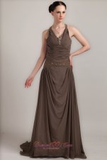 New Brown Column V-neck Brush Train Chiffon Beading Mother of the Bride Dress