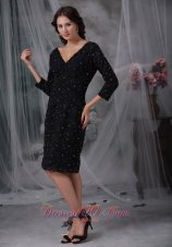 Popular Black Column V-neck Knee-length 3/4 Sleeves Special Fabric Mother of the Bride Dress