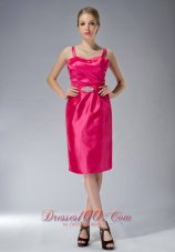 Popular Exclusive Hot Pink Column Straps Knee-length Taffeta Beading Mother Of The Bride Dress