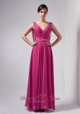 Discount Beautiful Hot Pink Column Mother Of The Bride Dress V-neck Floor-length Chiffon Beading