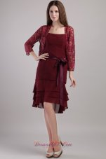 Discount Burgundy Column / Sheath Strapless Knee-length Chiffon Sash Mother of the Bride Dress