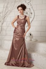 Elegant Chocolate Column Straps Brush Train Taffeta Ruch Mother Of The Bride Dress