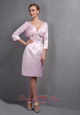 Baby Pink Column V-neck Knee-length Taffeta Ruch and Appliques Mother Of The Bride Dress