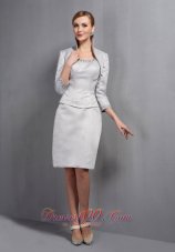 Simple Gray Column Mother Of The Bride Dress Scoop Beading Knee-length Satin