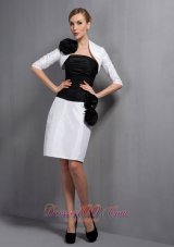 Perfect White and Black Column Mother Of The Bride Dress Strapless Hand Made Flowers Knee-length Taffeta