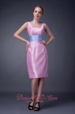Modest Baby Pink Column Scoop Mother Of The Bride Dress Knee-length Taffeta Sash