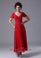 Chiffon V-Neck Column Red Ankle-length Mother of the Bride Dress Short Sleeves