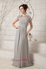Classical Grey Column V-neck Prom Dress Chiffon Lace Floor-length