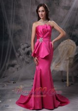 2013 Pretty Hot Pink Mermaid Evening Dress Strapless Satin Beading and Ruch Brush Train