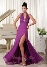 2013 Halter High Slit Ruched Bodice Purple Homecoming Dress Floor-length