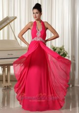 2013 Empire Coral Red Chiffon Halter Waist Appliques With Zipper-up Prom Dress