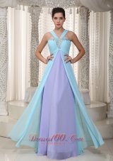 2013 Aqua Blue and Lavender Empire Straps Floor-length Chiffon Beading Prom Dress