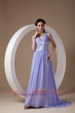 2013 Custom Made Lilac Empire V-neck Evening Dress Chiffon Ruch Brush Train
