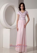 2013 Simple Baby Pink Empire V-neck Evening Dress Chiffon Beading Floor-length