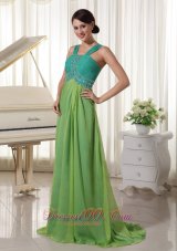 2013 Brush Train Chiffon Straps Beading and Ruch Prom Dress Turquoise and Spring Green
