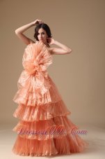 2013 Unique Orange Red Evening Dress A-line Strapless Organza Pleat Brush Train