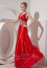 2013 Modest Red A-line V-neck Prom Dress Silk Like Satin Beading Brush Train
