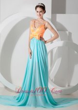 2013 Custom Made Aqua Blue and Orange Evening Dress Empire V-neck Chiffon Beading Brush Train