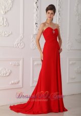 2013 Red Column / Sheath Sweetheart Sweep / Brush Train Chiffon Beading Prom Dress