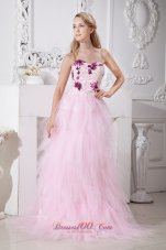 2013 Baby Pink A-line Sweetheart Brush Train Taffeta and Tulle Appliques Prom Dress