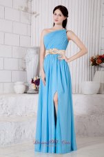 2013 Aqua Blue Empire One Shoulder Belt Prom / Evening Dress Floor-length Chiffon