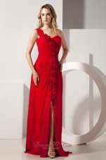 2013 Red Empire One Shoulder Hand Made Flowers Prom / Evening Dress Brush Train Chiffon