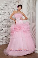 2013 Simple Baby Pink Prom Dress A-line Strapless Organza Beading Floor-length