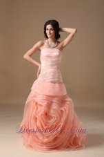 2013 Customize Watermelon Red A-line Strapless Wedding Dress Organza Hand Made Flower Brush Train