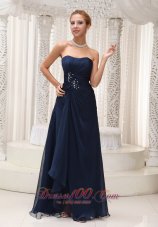 Best Modest Strapless Navy Blue Chiffon For Bridesmaid Dress Beaded Decorate Waist