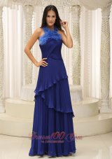 Best Feather Halter Top and Pleat 2013 Celebrity Dress Royal Blue For Graduation