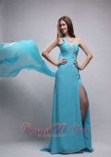 Best Aqua Blue Column One Shoulder Watteau Train Chiffon Beading and Ruch Prom Dress