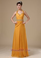 Best Straps Beaded Decorate Bust Waist Gold Chiffon Floor-length 2013 Prom / Evening Dress