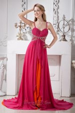 Best Hot Pink Chiffon Spaghetti Straps Prom Dress Empire Brush Train Beading