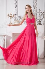 Best Hot Pink Empire Halter Beading Prom Dress Brush Train Chiffon
