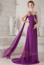 Best Purple Empire One Shoulder Watteau Train Chiffon Beading Prom / Evening Dress