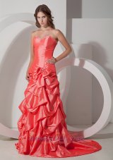 Clearence Best Watermelon A-line Sweetheart Bowknot Prom Dress Brush Train Taffeta