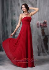 Clearence Simple Wine Red Evening Dress Empire Strapless Chiffon Ruch Floor-length