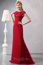 Clearence Modest Wine Red Column Prom Dress Scoop Brush Train Chiffon Beading